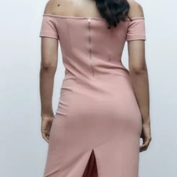 ZARA NWT Baby Light Pink Topstitched Off the Shoulder Bodycon Midi Dress Size M - Picture 4 of 16